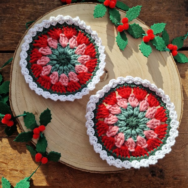 Christmas coaster set, Christmas decor, Christmas mug rug, Red Coaster