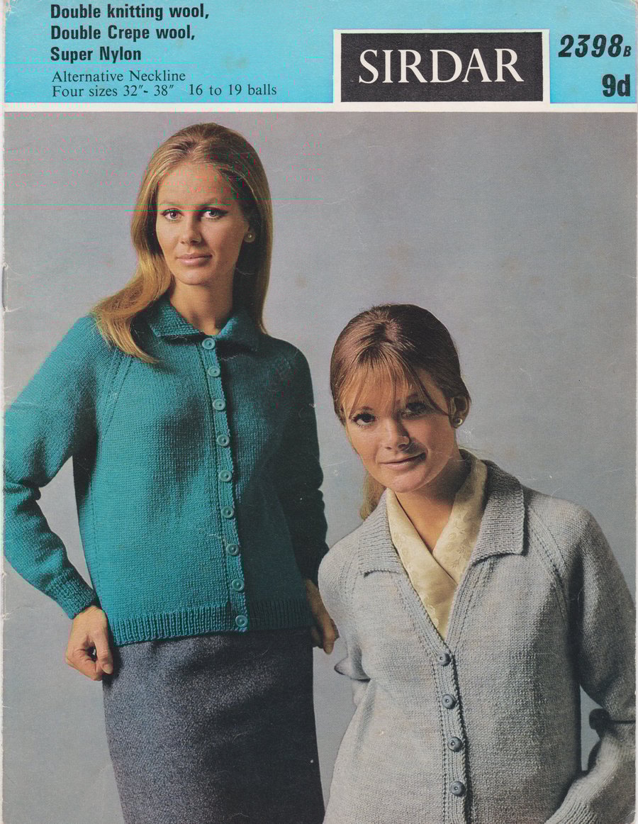 Vintage Knitting Pattern 2398: SIRDAR Ladies Cardigans, Two Alternate Necklines