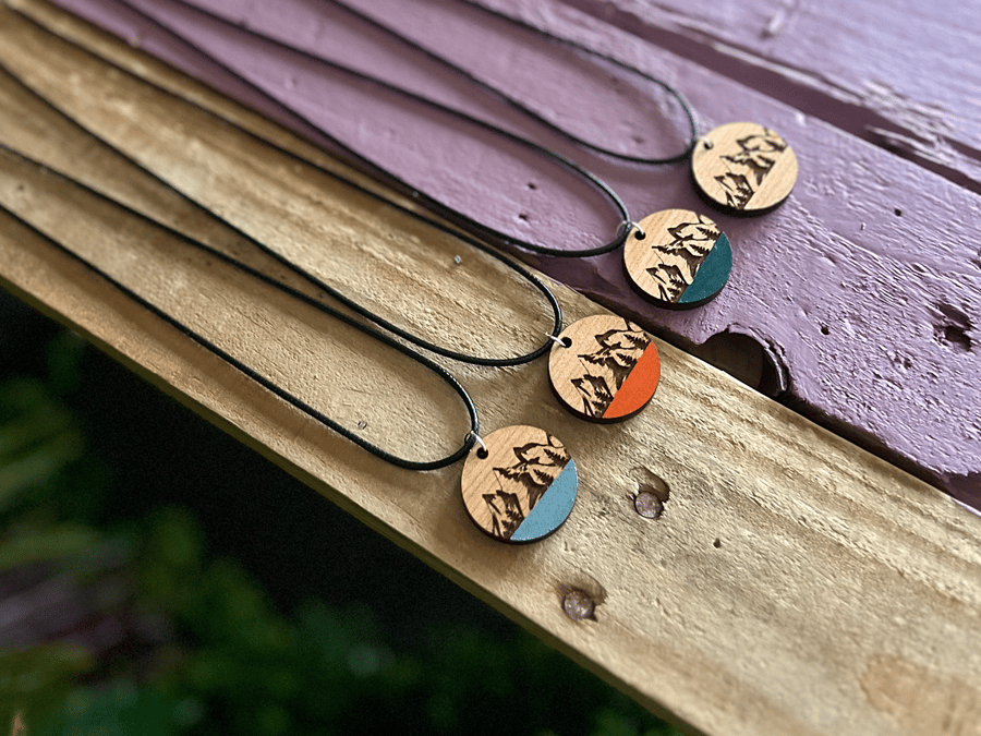 Wooden Mountain Necklace - hand painted adventure jewellery, gift for travellers