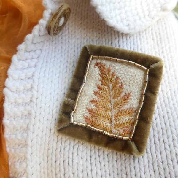 Autumn Fern - hand stitched textile brooch