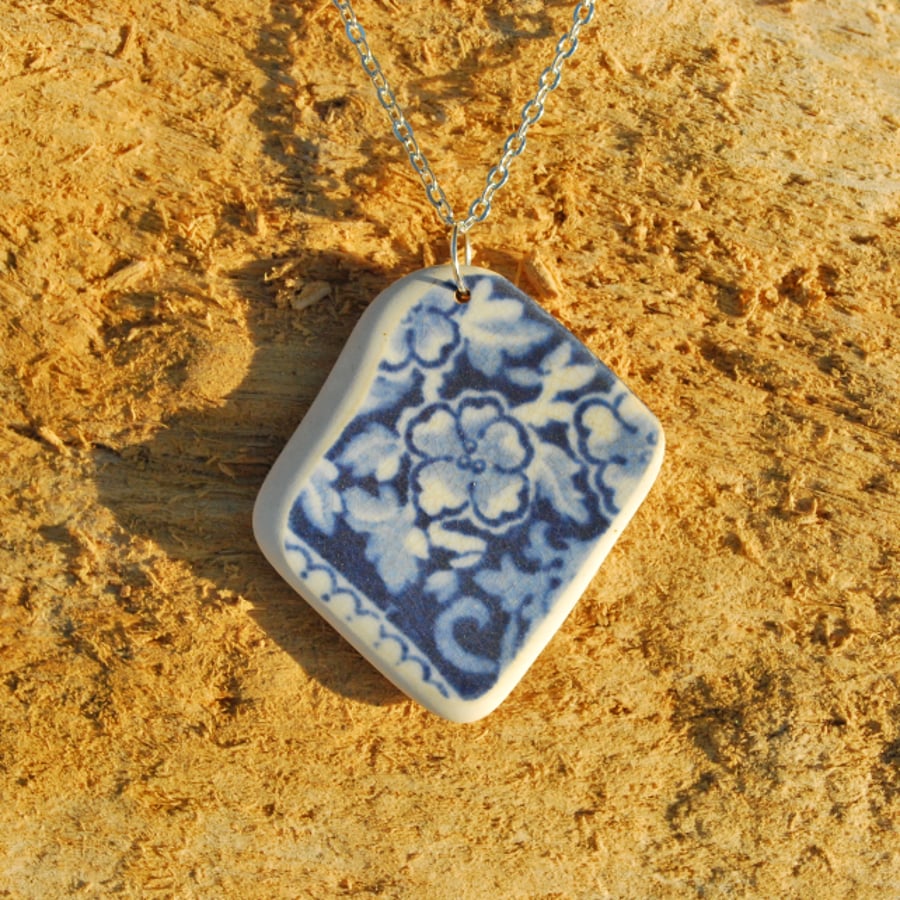 Blue flowers beach pottery pendant