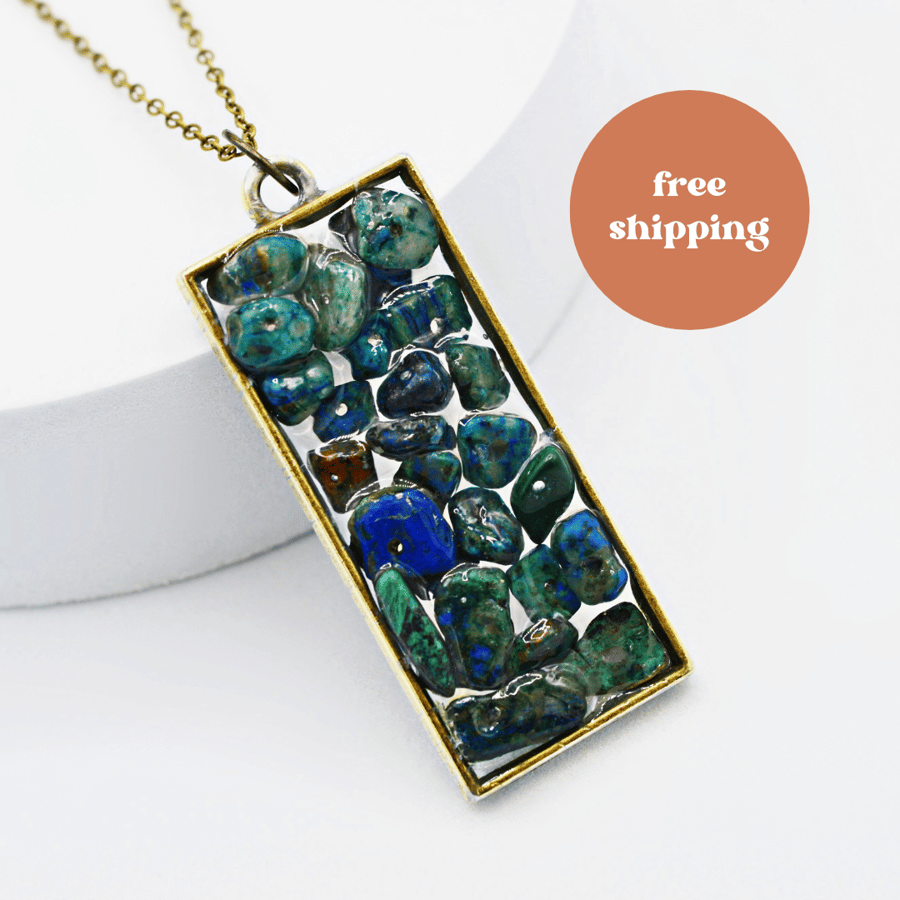  Chrysocolla Antique Brass Rectangle Worry Stone Necklace - Free Postage