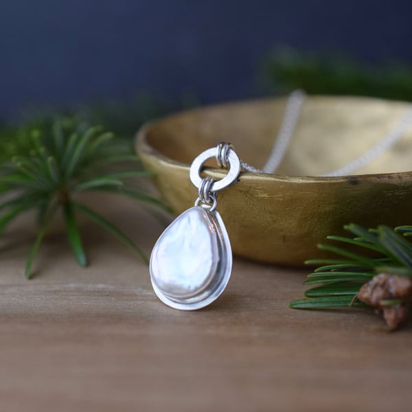 Pearl pendant necklace, one of a kind statement silver pendant