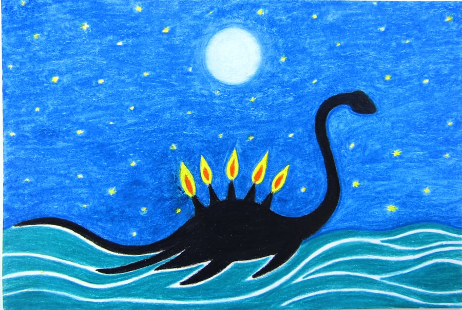 Loch Ness Monster Card, Birthday Art Card, Candles Funny Birthday Card, Dinosaur