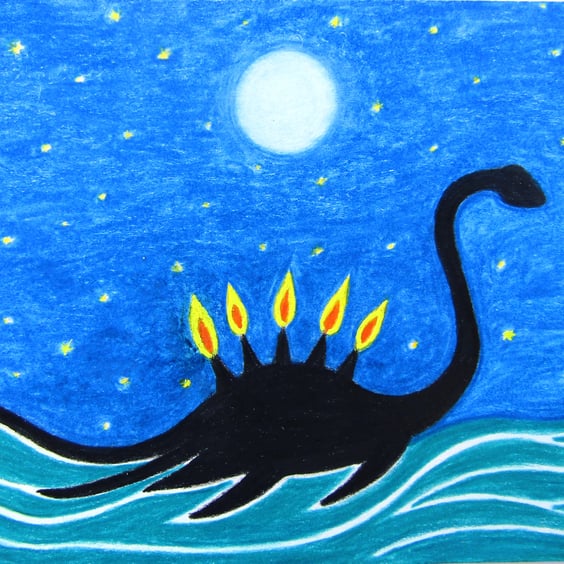 Loch Ness Monster Card, Birthday Art Card, Candles Funny Birthday Card, Dinosaur