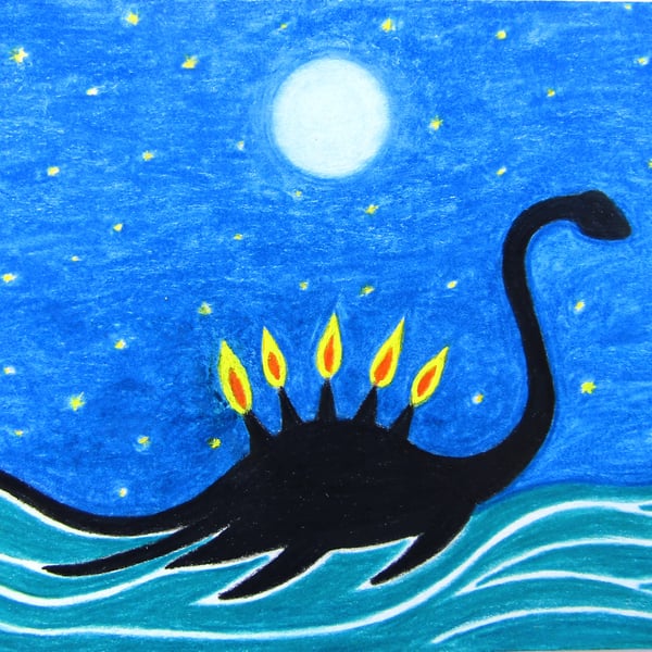 Loch Ness Monster Card, Birthday Art Card, Candles Funny Birthday Card, Dinosaur