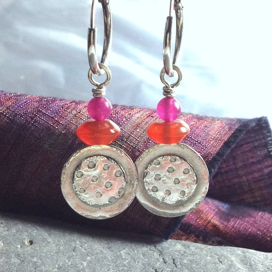 Silver Carnelian and Jade Dotty Earrings