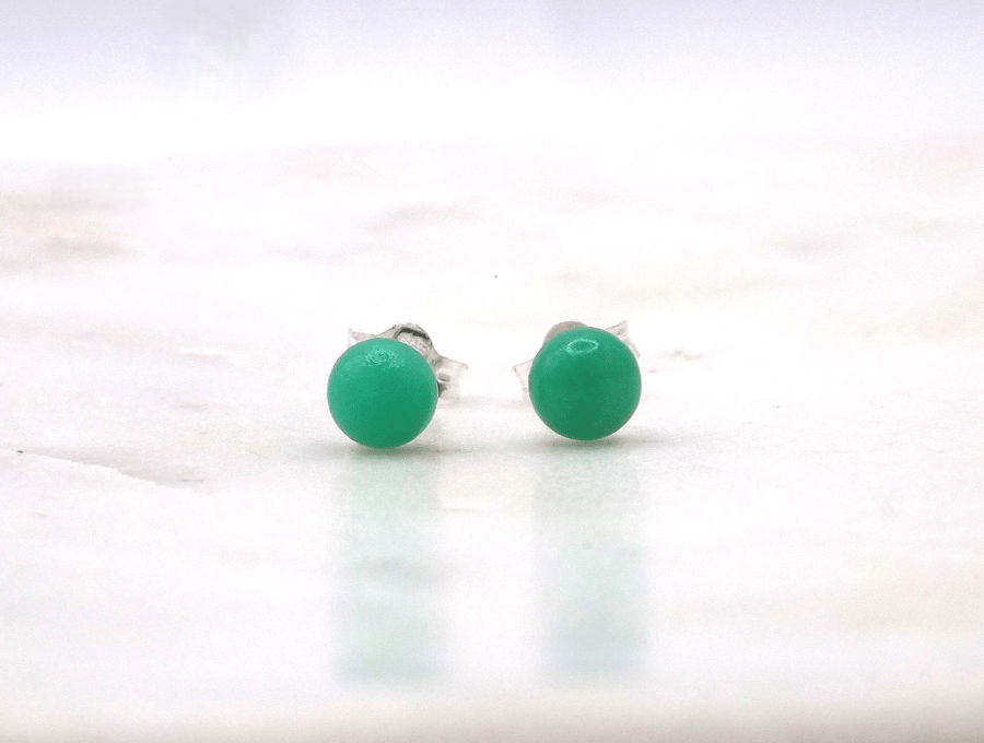 Chrysoprase Round Cabochon 5mm Gemstones Sterling Silver Stud Earrings.