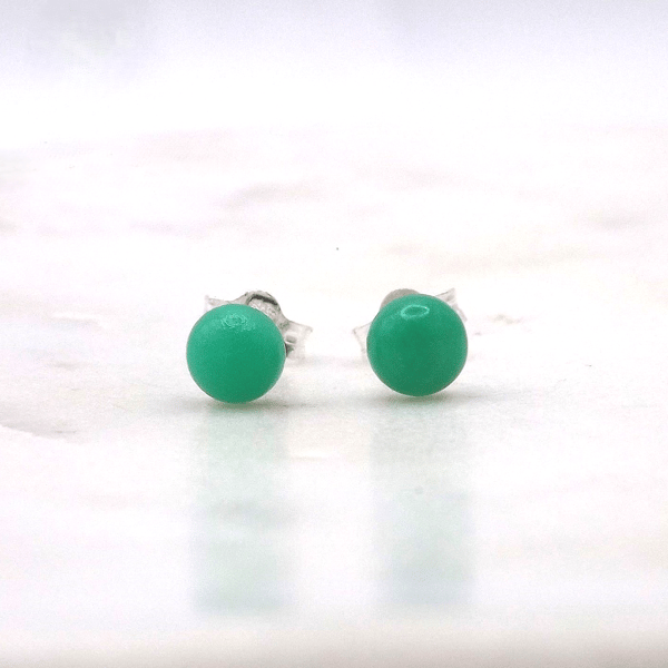 Chrysoprase Round Cabochon 5mm Gemstones Sterling Silver Stud Earrings.