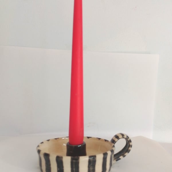 black striped candleholder, ceramic wee willie winkie candleholder with handle