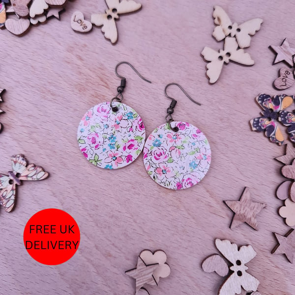 Flower Wooden Decoupaged Round Copper Plated Earrings - FREE UK P&P