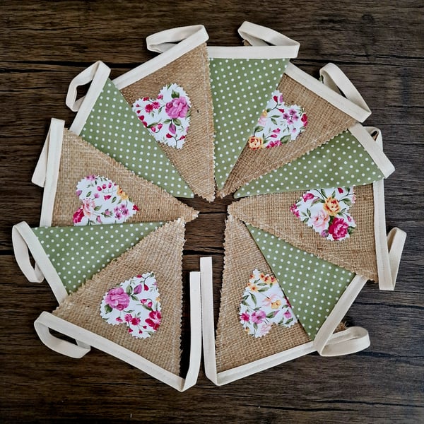 Hessian Hearts & Moss Green Spot Fabric Bunting