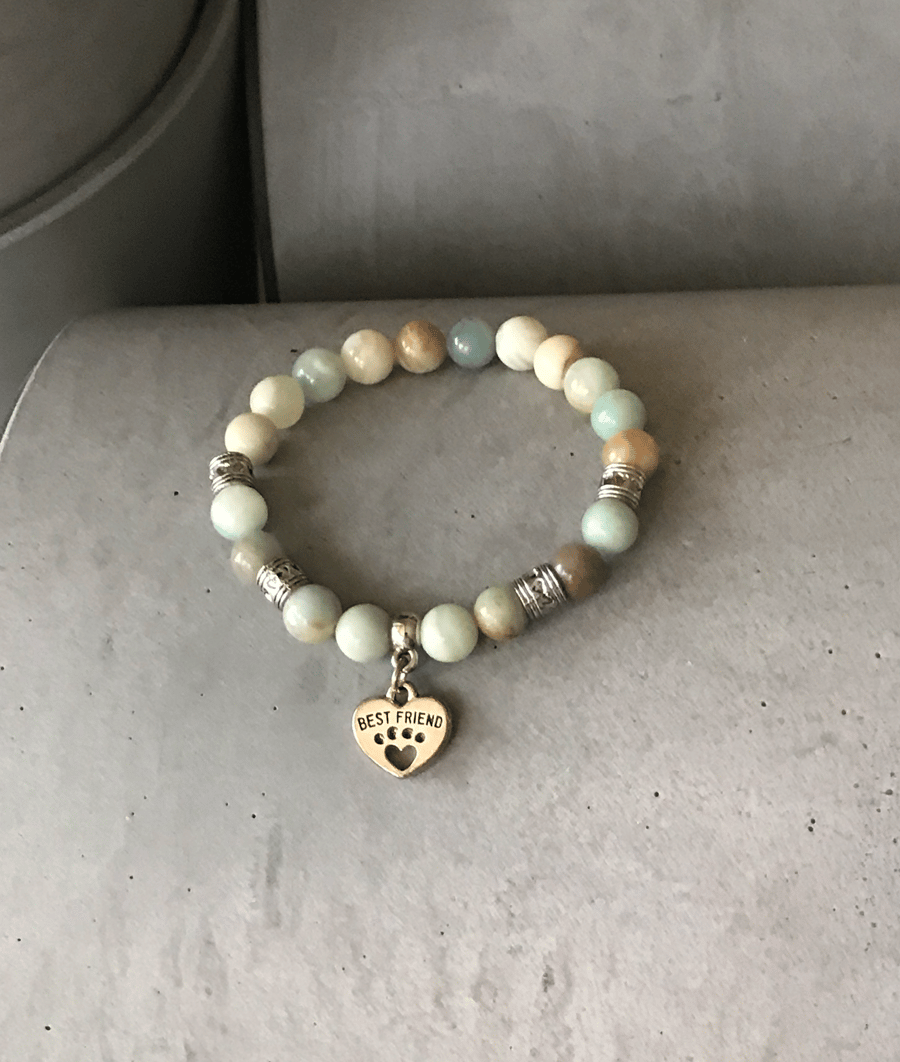 Love Heart Dog Cat Paw Best Friend Amazonite Crystal Healing Bracelet