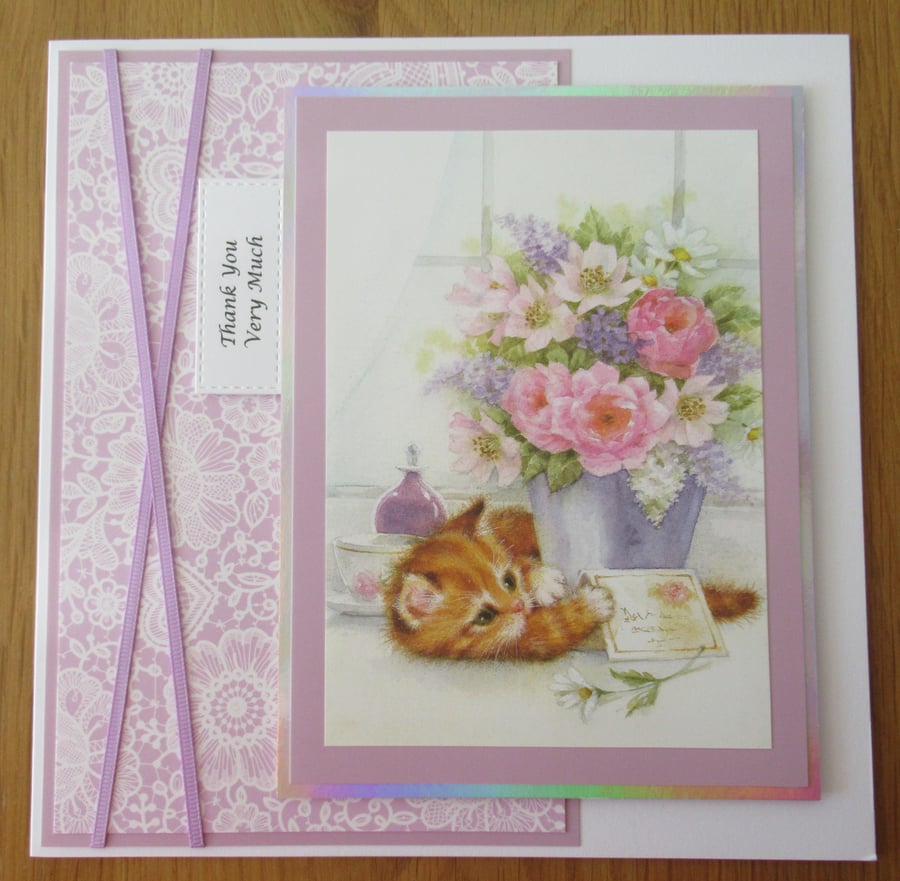 Kitten & Flowers - 8x8" Thank You Card