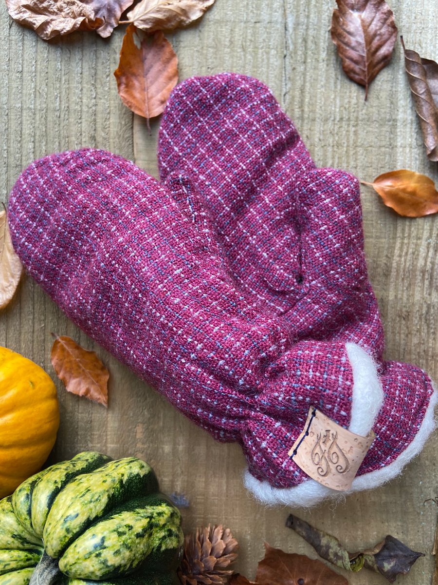 Hand Dyed & Woven Childs Port, Navy & Grey Check Mittens