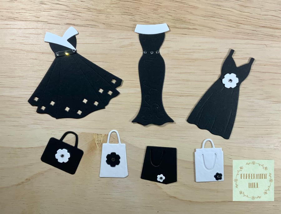 Die cut dresses and handbags, black and white, card making, scrapbooking, 7 pack
