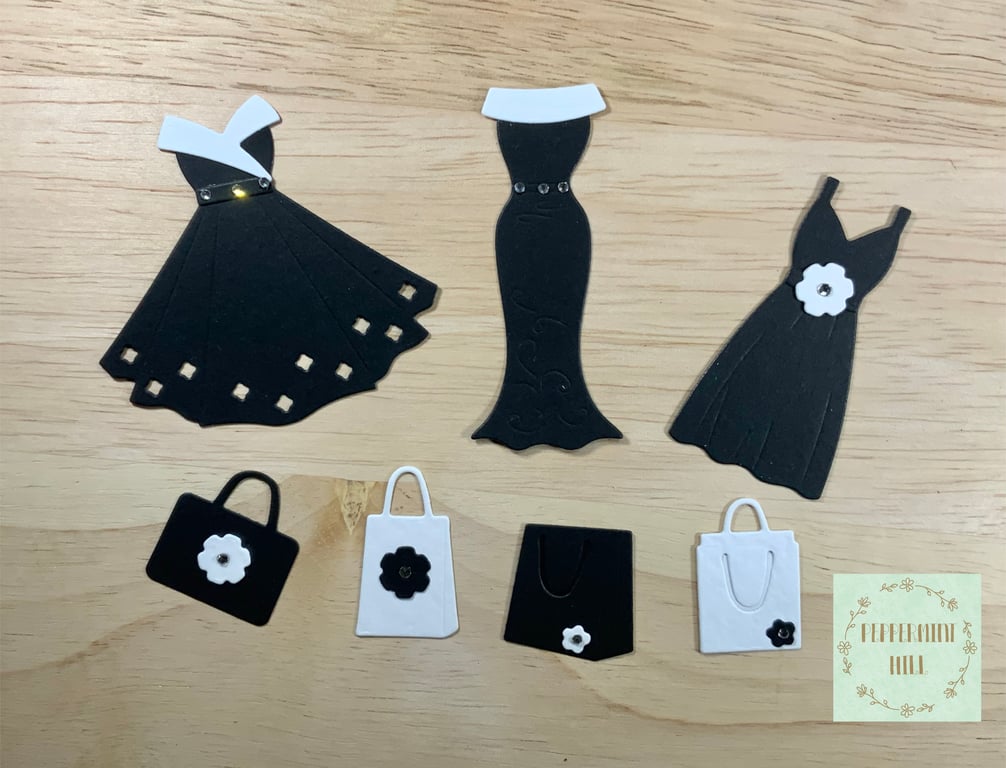Die cut dresses and handbags, black and white, card making, scrapbooking, 7 pack
