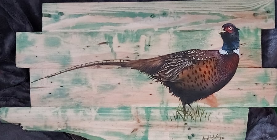 Pheasant original painting, oil painting on wood, reclaimed wood