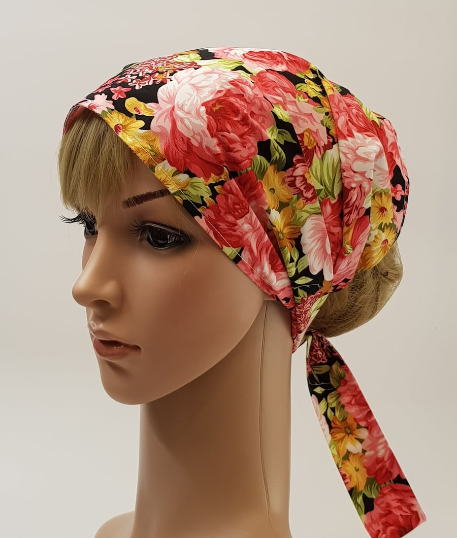 Floral hair covering, cotton head scarf, wide head wear, nurse hair cover