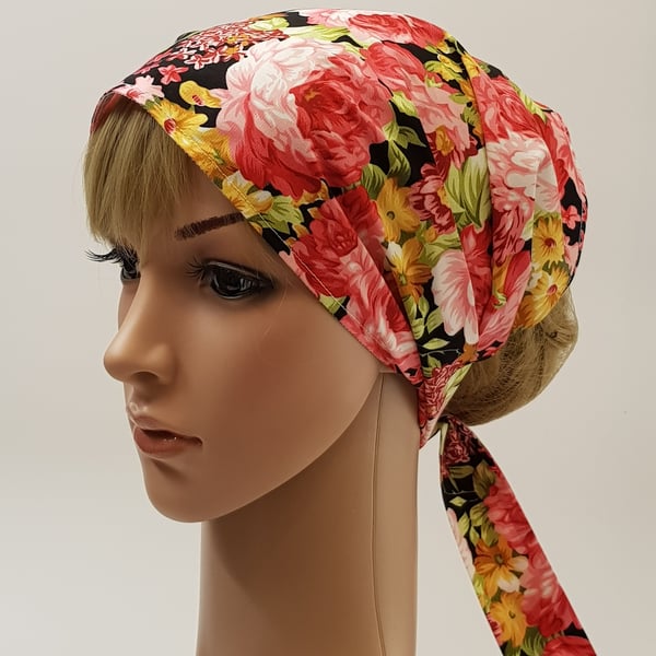 Floral hair covering, cotton head scarf, wide head wear, nurse hair cover