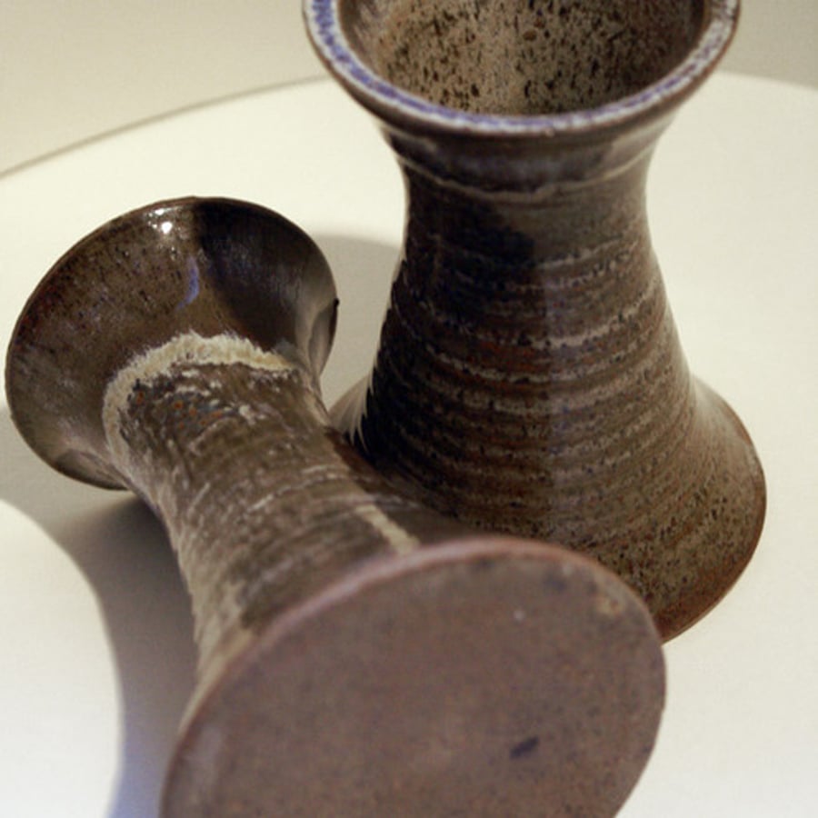  Candle Stick - decorative pottery in brown and cream two holders