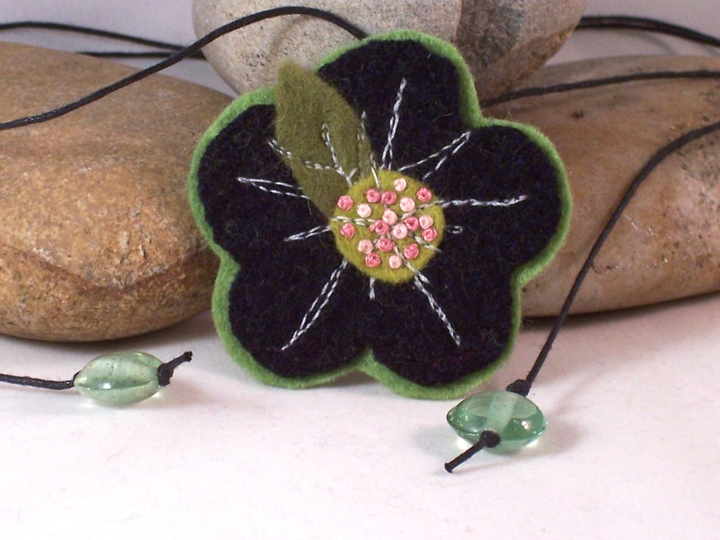 Felted recycled cashmere necklace with hand embroidered centre
