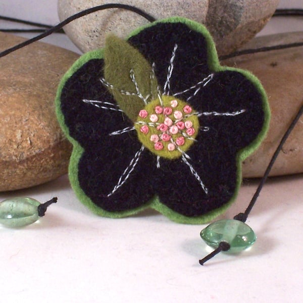 Felted recycled cashmere necklace with hand embroidered centre