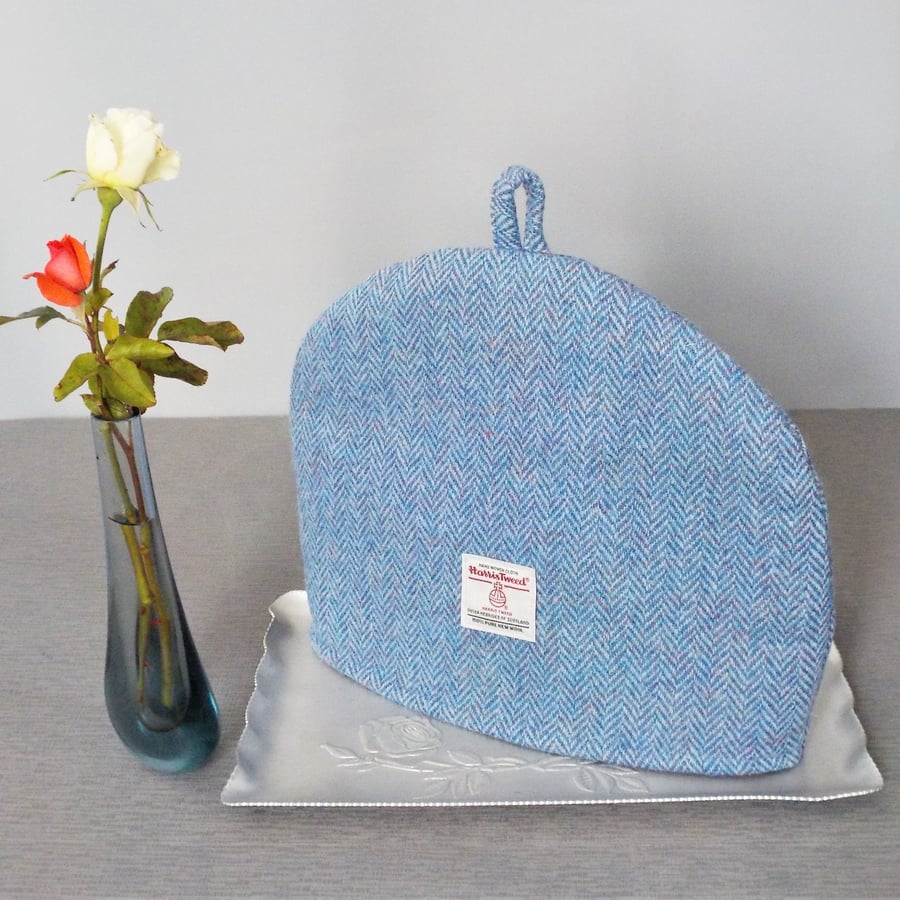 Harris Tweed tea cosy blue herringbone fabric teapot cover