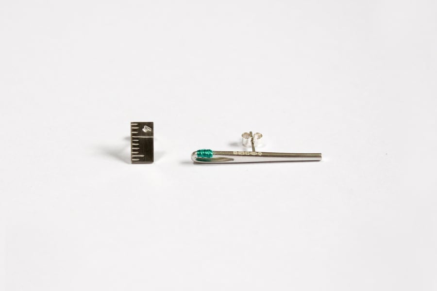 Needle and measure earrings, silver earrings, sewing earrings, asymmetrical