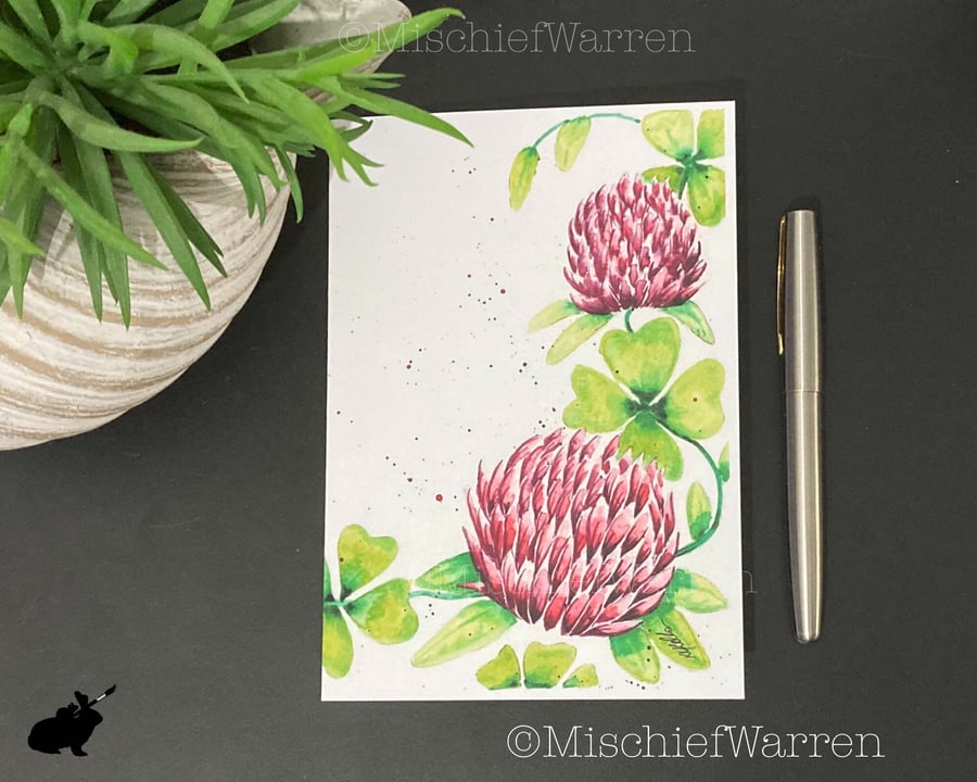 Clover Flower Card, from my watercolour art. Pretty floral blank card.
