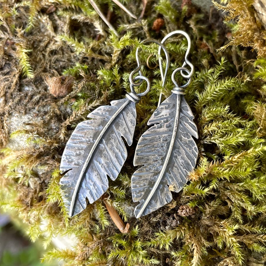 Oxidised Sterling silver feather earrings