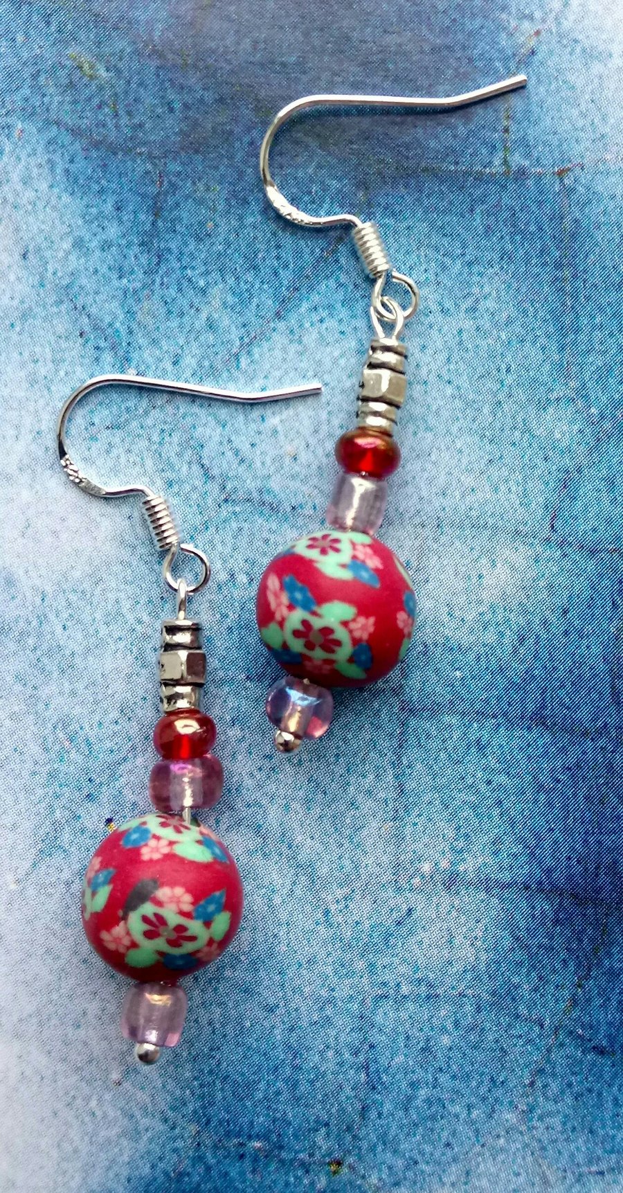 Handmade Beaded Dangly Earrings with Sterling Silver Hooks. 