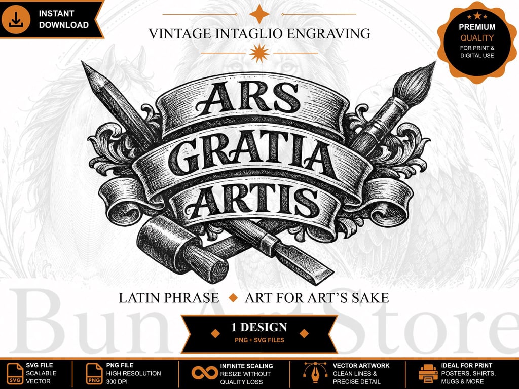 Ars Gratia Artis Vintage Intaglio Engraving PNG, Latin Phrase Art (Digital Downl