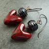 copper earrings, grey lampwork glass and ceramic hearts