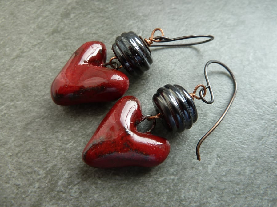 copper earrings, grey lampwork glass and ceramic hearts