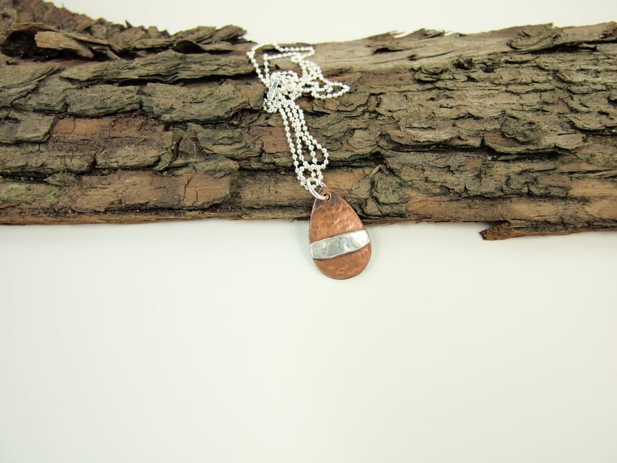 Teardrop Necklace, Dainty Copper Pendant with Sterling Silver