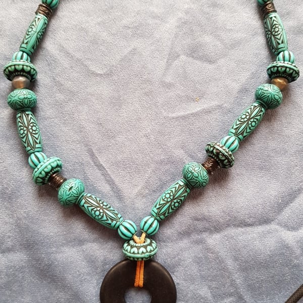 Hand crafted, chunky, turquoise blue and black, tribal style, screw clasp, Neckl