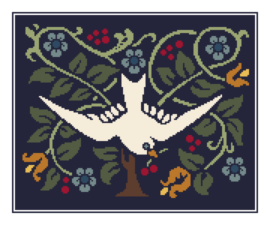 095A Cross Stitch Swallow Bird in Tree with Flowers Arts and Crafts Art Nouveau 