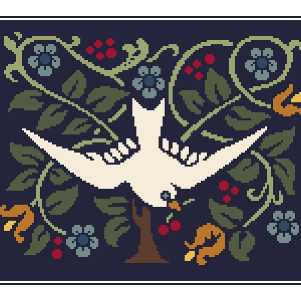 095A Cross Stitch Swallow Bird in Tree with Flowers Arts and Crafts Art Nouveau 