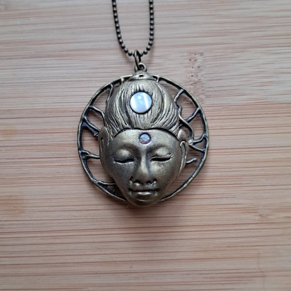 Mother of Pearl Crystal and Polymer Clay Buddha Head Amulet Pendant 