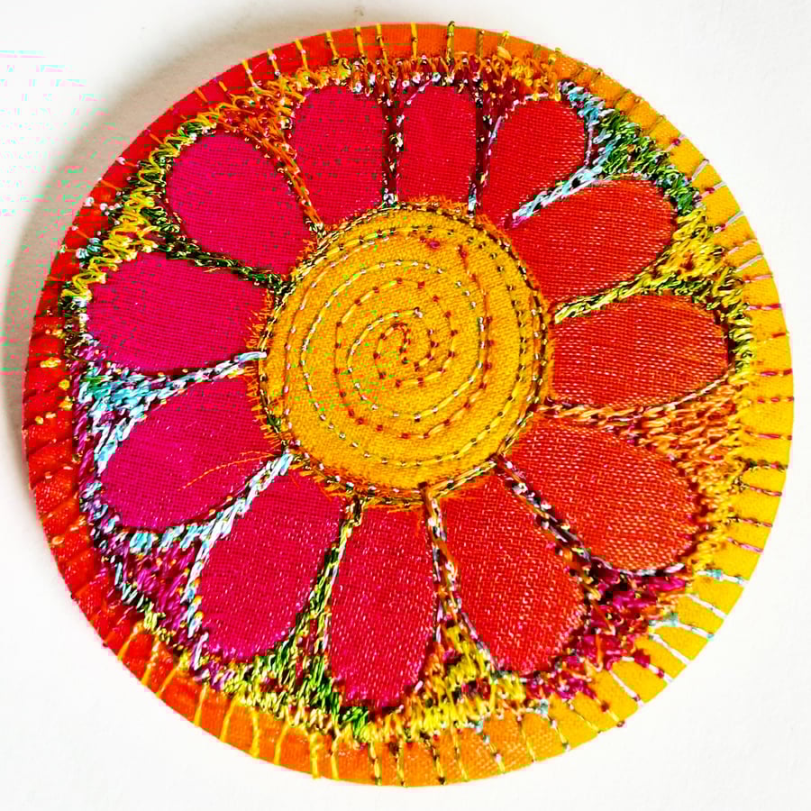 58mm Fabric Badge with Free Machine Embroidery Pink and Orange Flower 