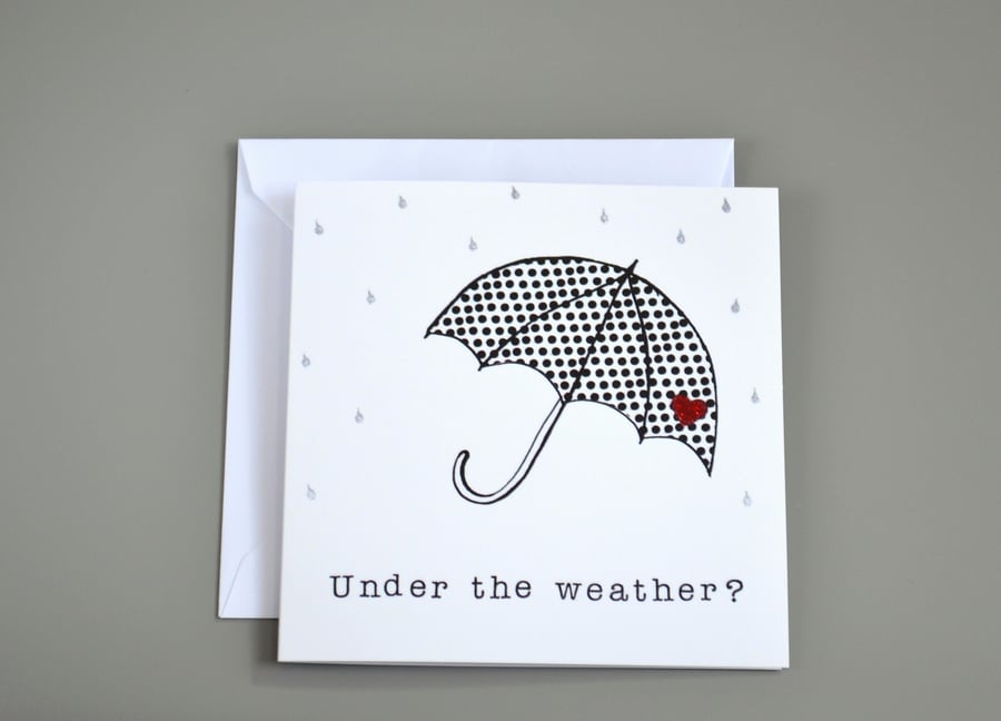 Under the Weather? card with polka dot umbrella and raindrops