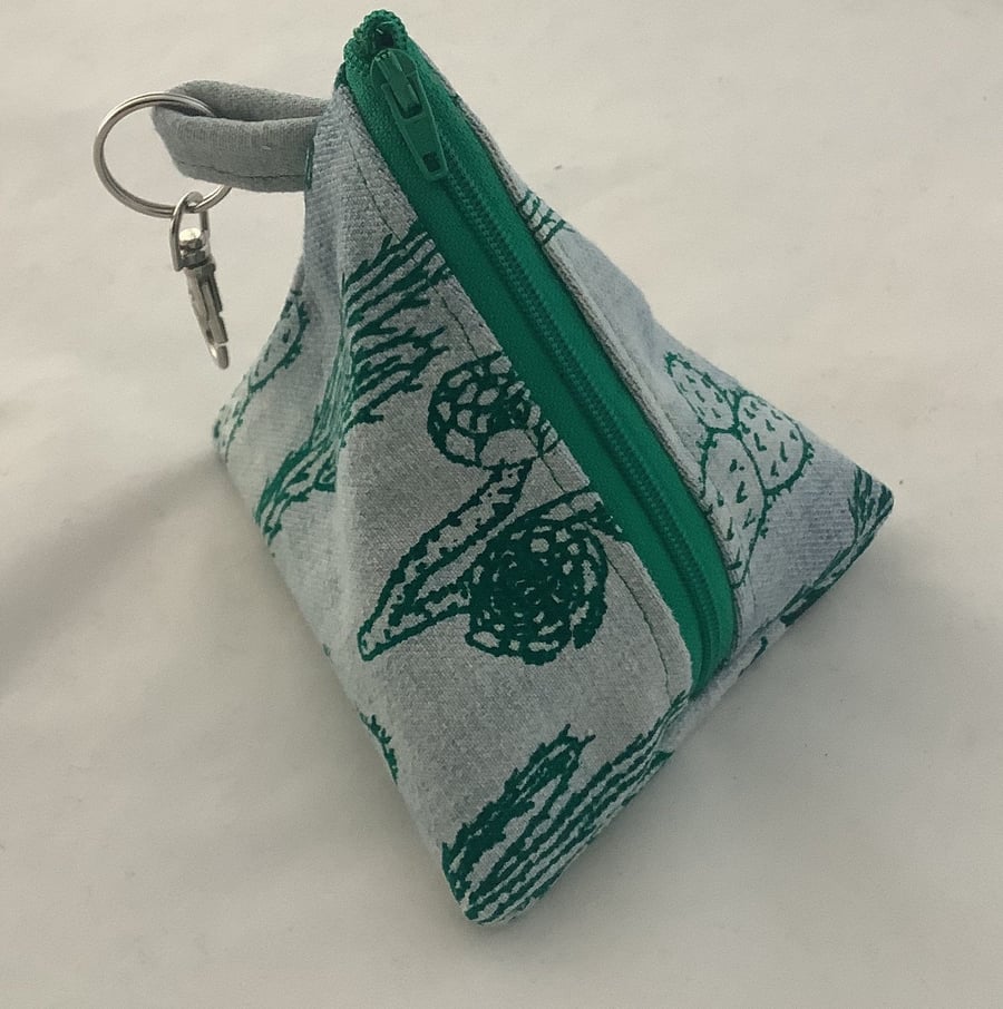 Handmade triangular green cactus print denim pyramid purse,hikers coin key pouch