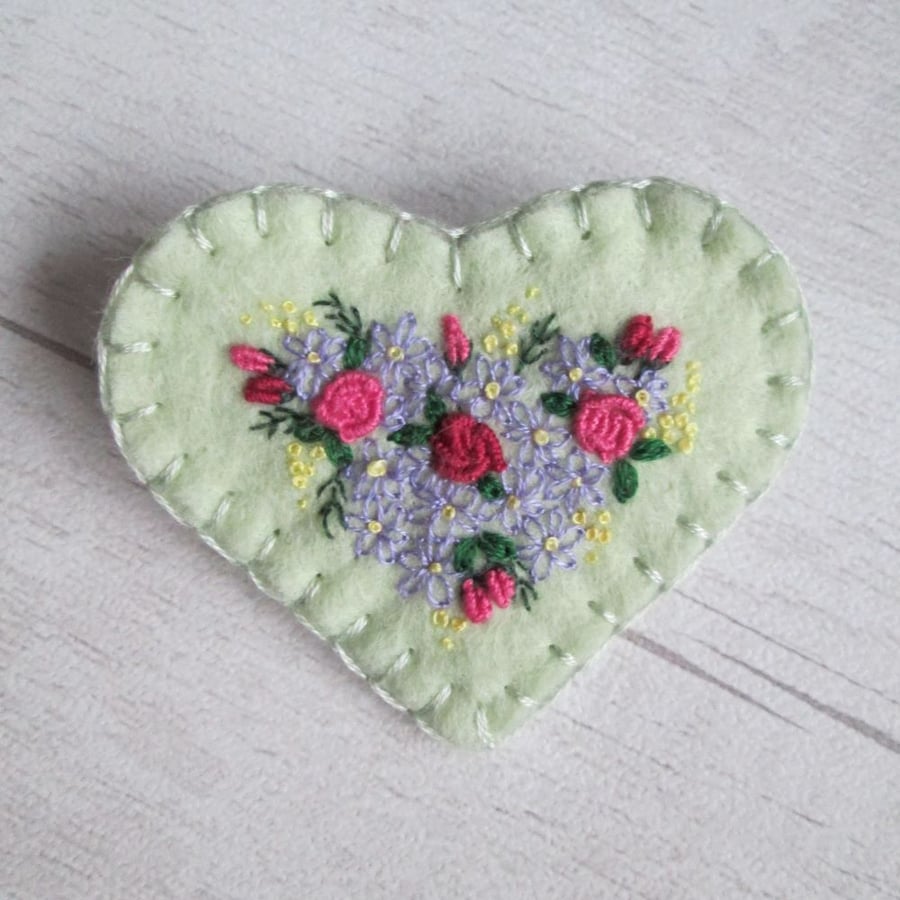 SOLD - Hand Embroidered Floral Heart Brooch on Pale Green Wool Felt