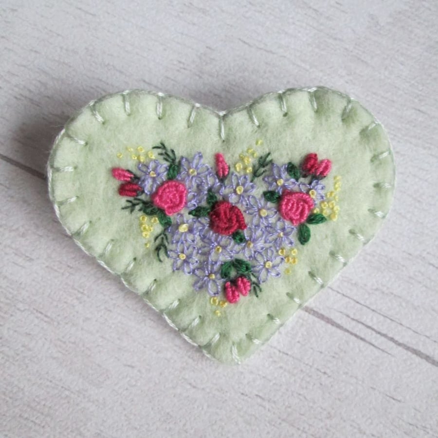 Hand Embroidered Floral Heart Brooch on Pale Green Wool Felt