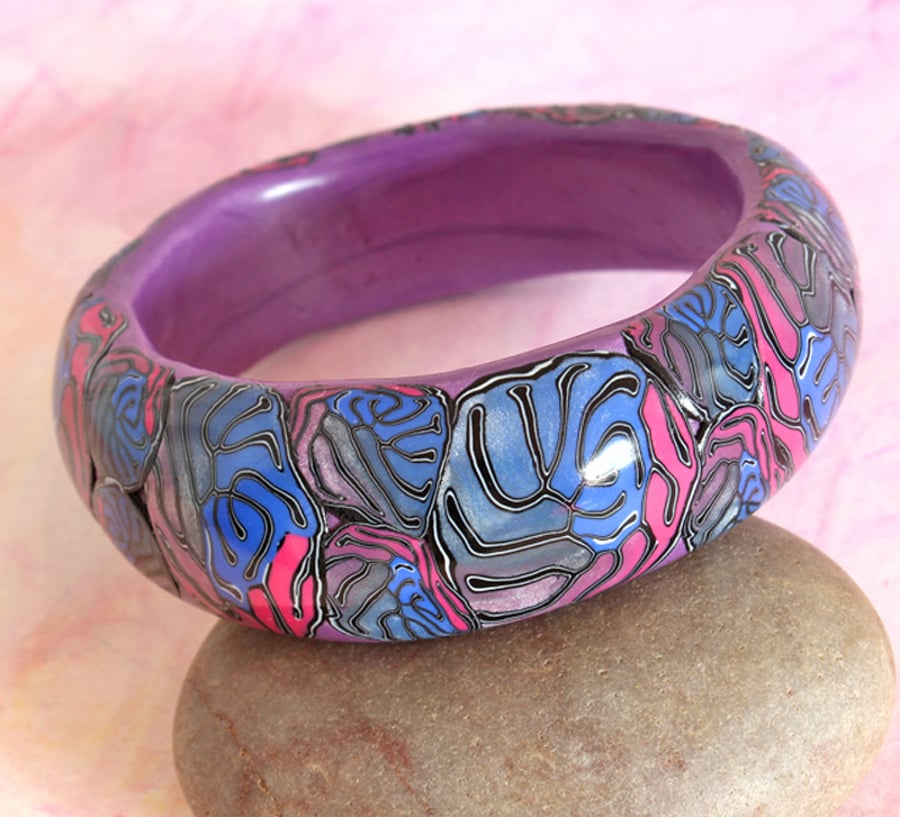 SALE 50% OFF - Chunky Bangle Handmade Polymer Clay Bangle - Purple Bangle