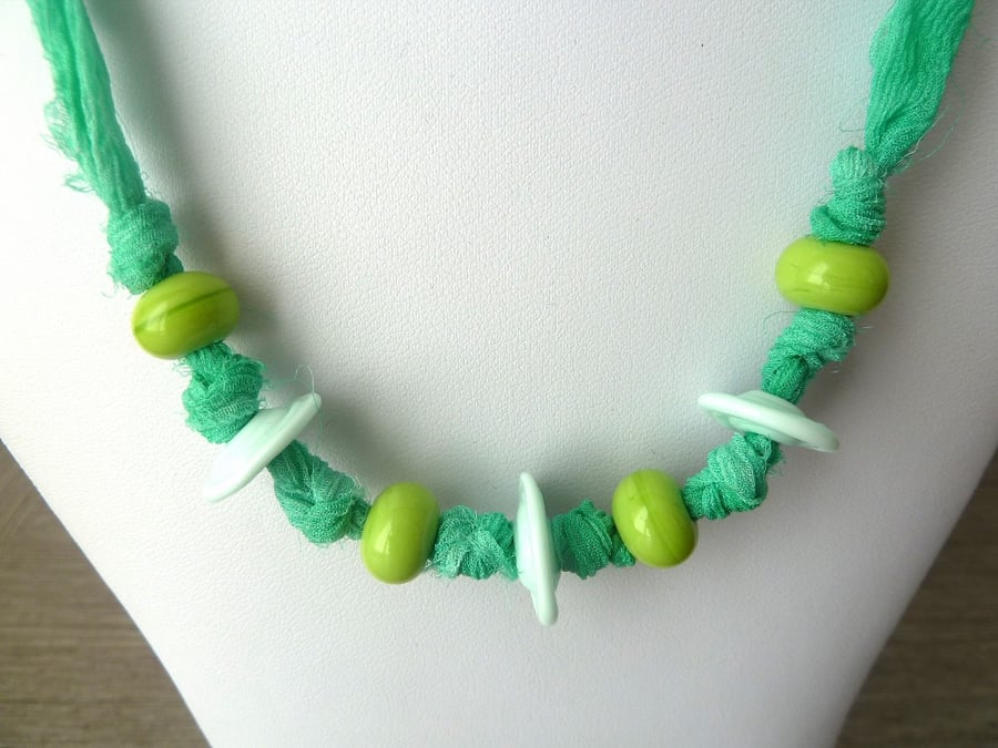 SALE green silk and lampwork necklace