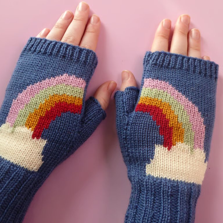Merino wool knitted Rainbow Fingerless Gloves, Arm Warmers 