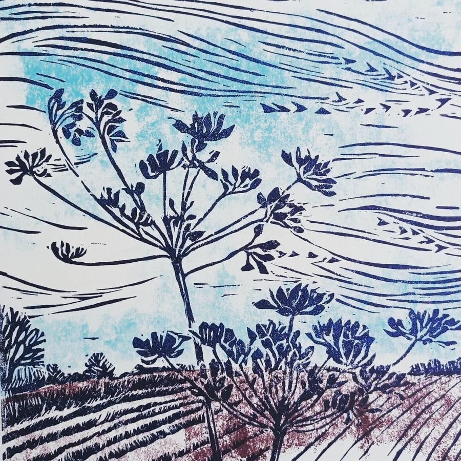  Linocut Print  - Changing Winds - Limited Edition Landscape Print - Cow Parsley