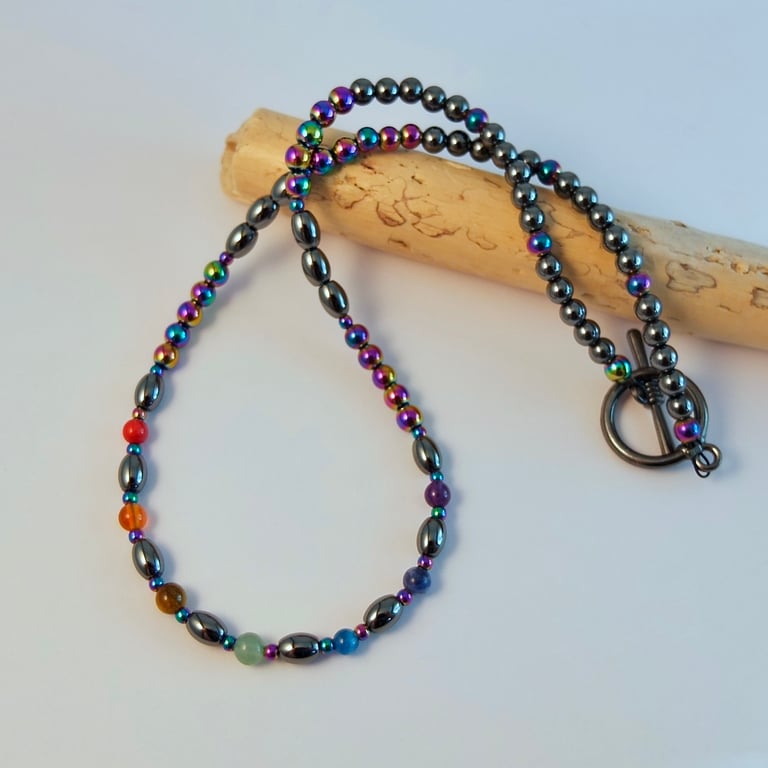 Haematite Necklace With Rainbow Of Gemstones, Chakra, Birthday, Gifts For Her